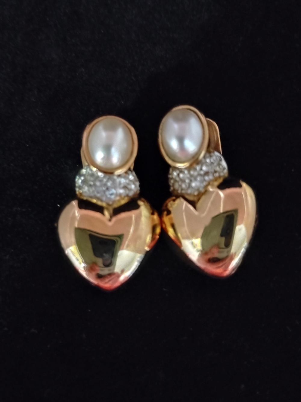 Gold-Tone Heart Drop Earrings Clipon with Pearl and Crystal Accents